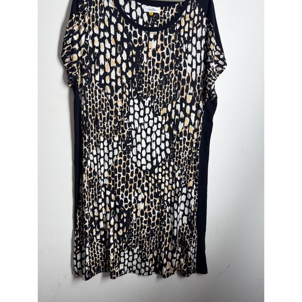 Calvin Klein Womens XL Animal Print T-Shirt Dress Black Tan Abstract Crew Neck